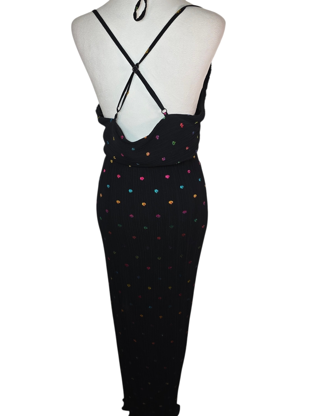NWT Never Fully Dressed Megan Plissé Dress L Blk Metallic Polka Dot Maxi Halter - Picture 9 of 15